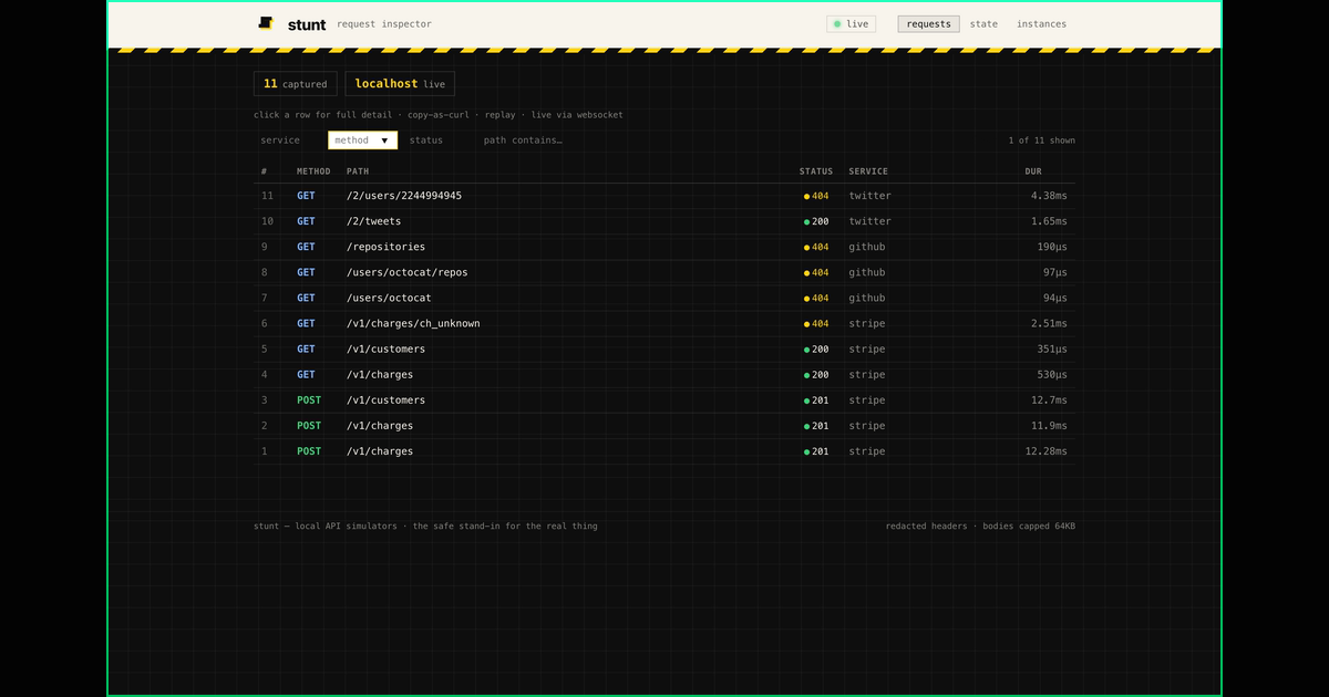 The stunt dashboard: the request inspector for a stripe-style sim, the adapter catalog in the sidebar