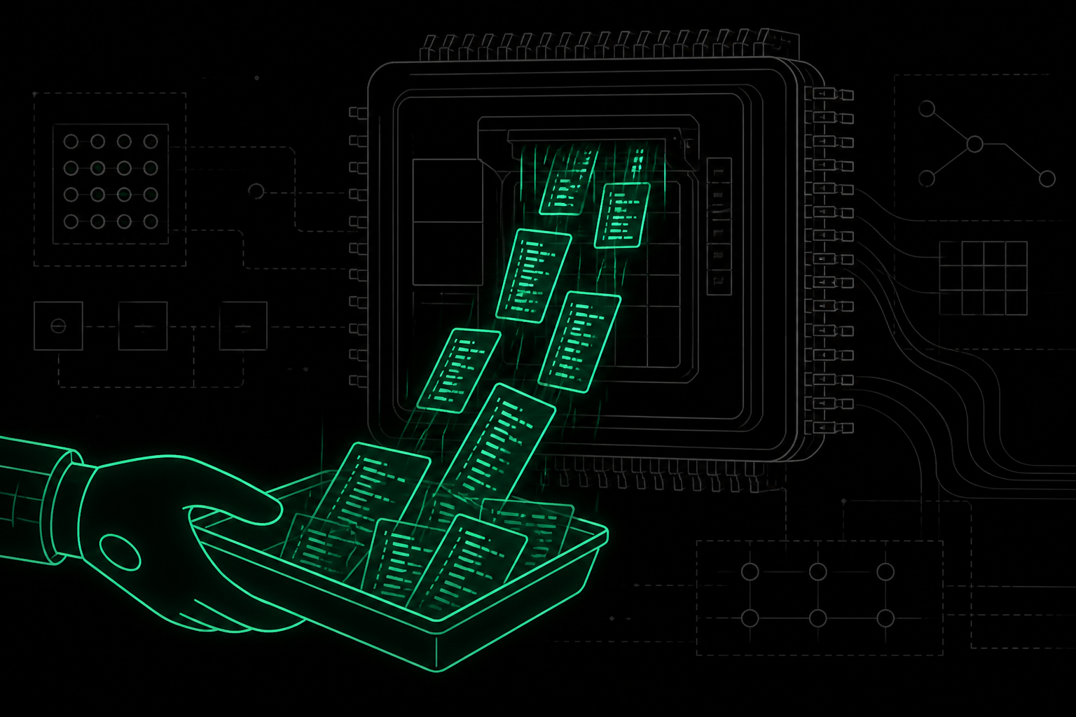 A wireframe GPU stub catching streams of WGSL shader cards in neon mint green